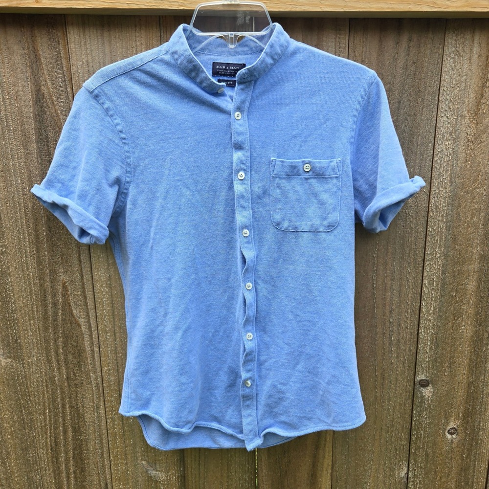 Zara Man Slim Fit Band Collar‎ Short Sleeve Shirt Blue Pique Mens Medium